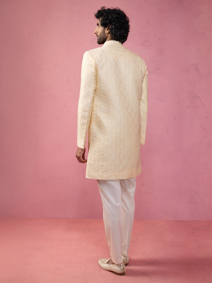 Men's Beige Jacquard Indo-Western Kurta with Cream Trousers