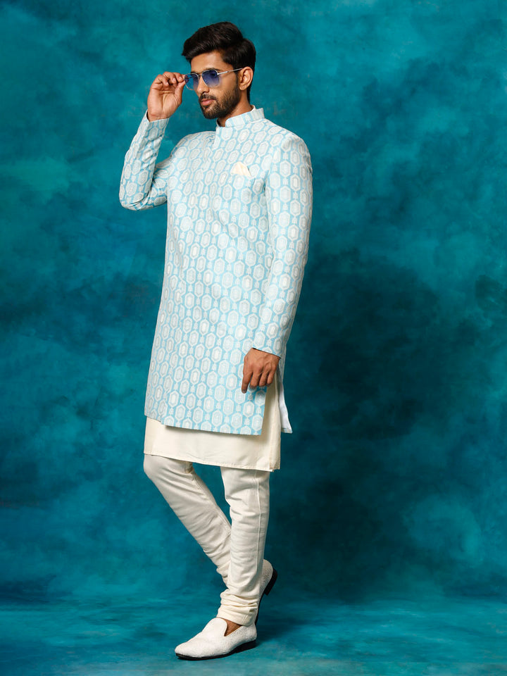 Men's Blue Imported Jacquard Indo With Kurta Pyjama Set