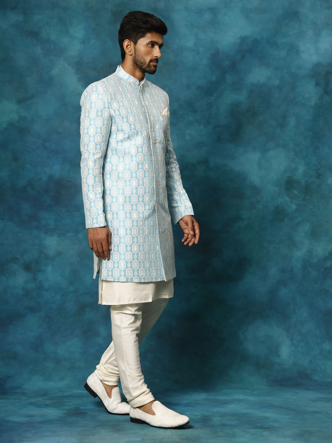 Men's Blue Imported Jacquard Indo With Kurta Pyjama Set