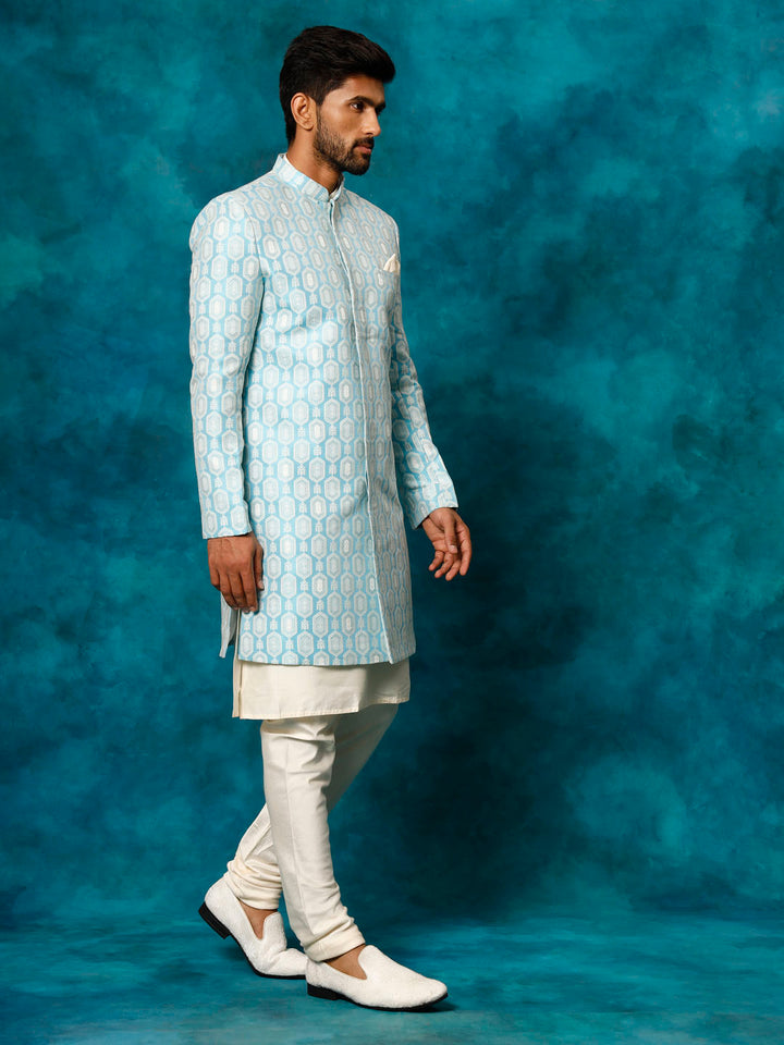 Men's Blue Imported Jacquard Indo With Kurta Pyjama Set