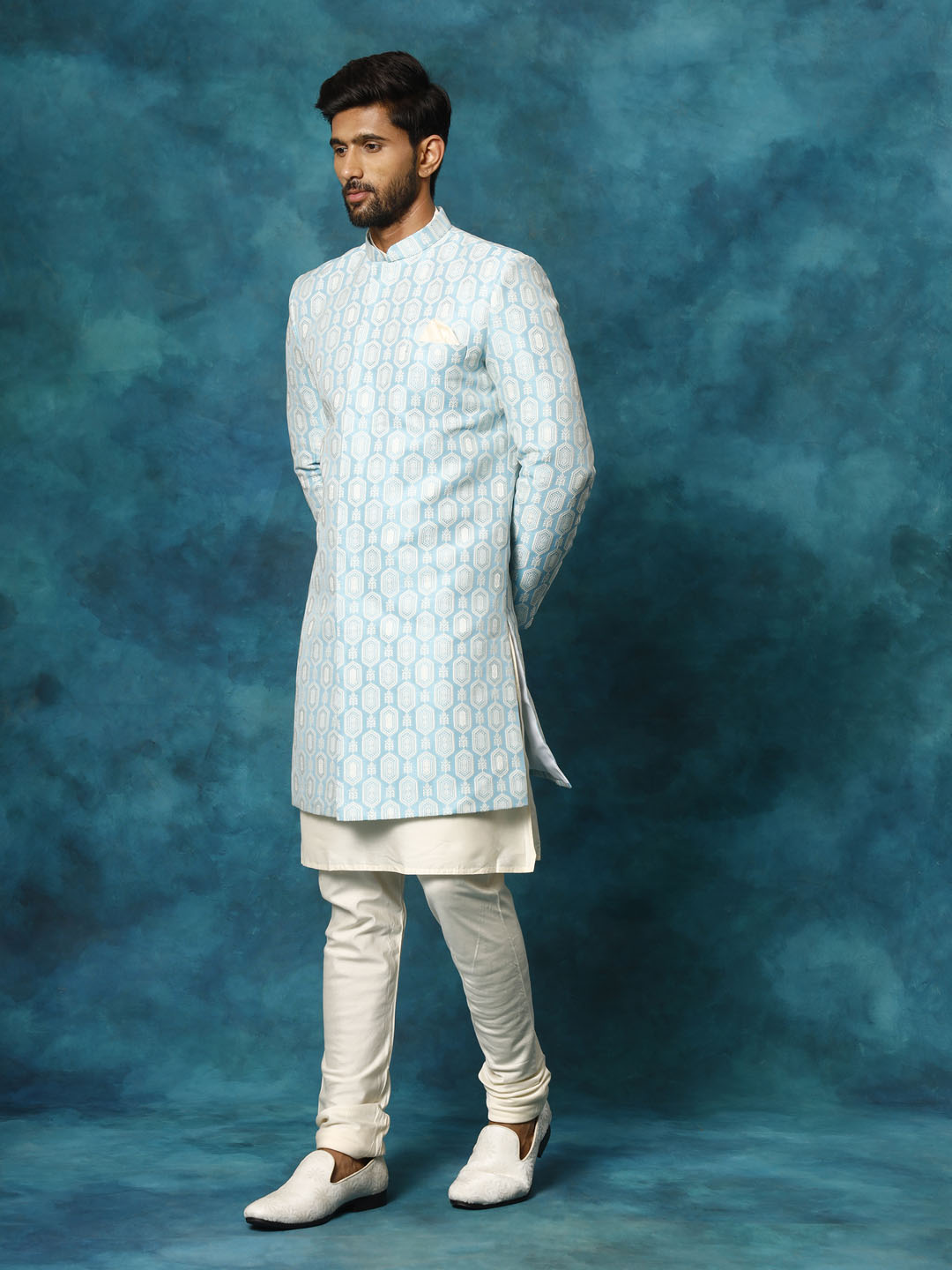 Men's Blue Imported Jacquard Indo With Kurta Pyjama Set