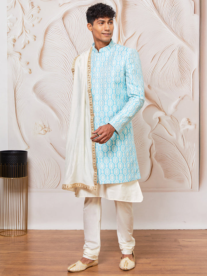 Men's Aqua Silk Blend Indowestern, Kurta Pyjama And Dupatta Set