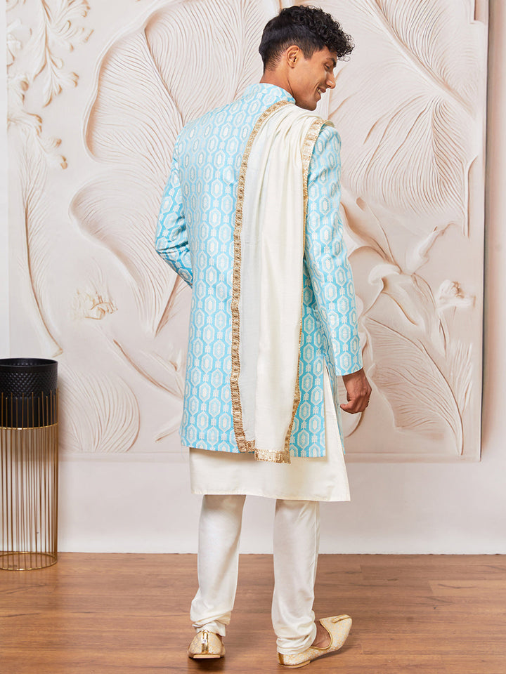 Men's Aqua Silk Blend Indowestern, Kurta Pyjama And Dupatta Set