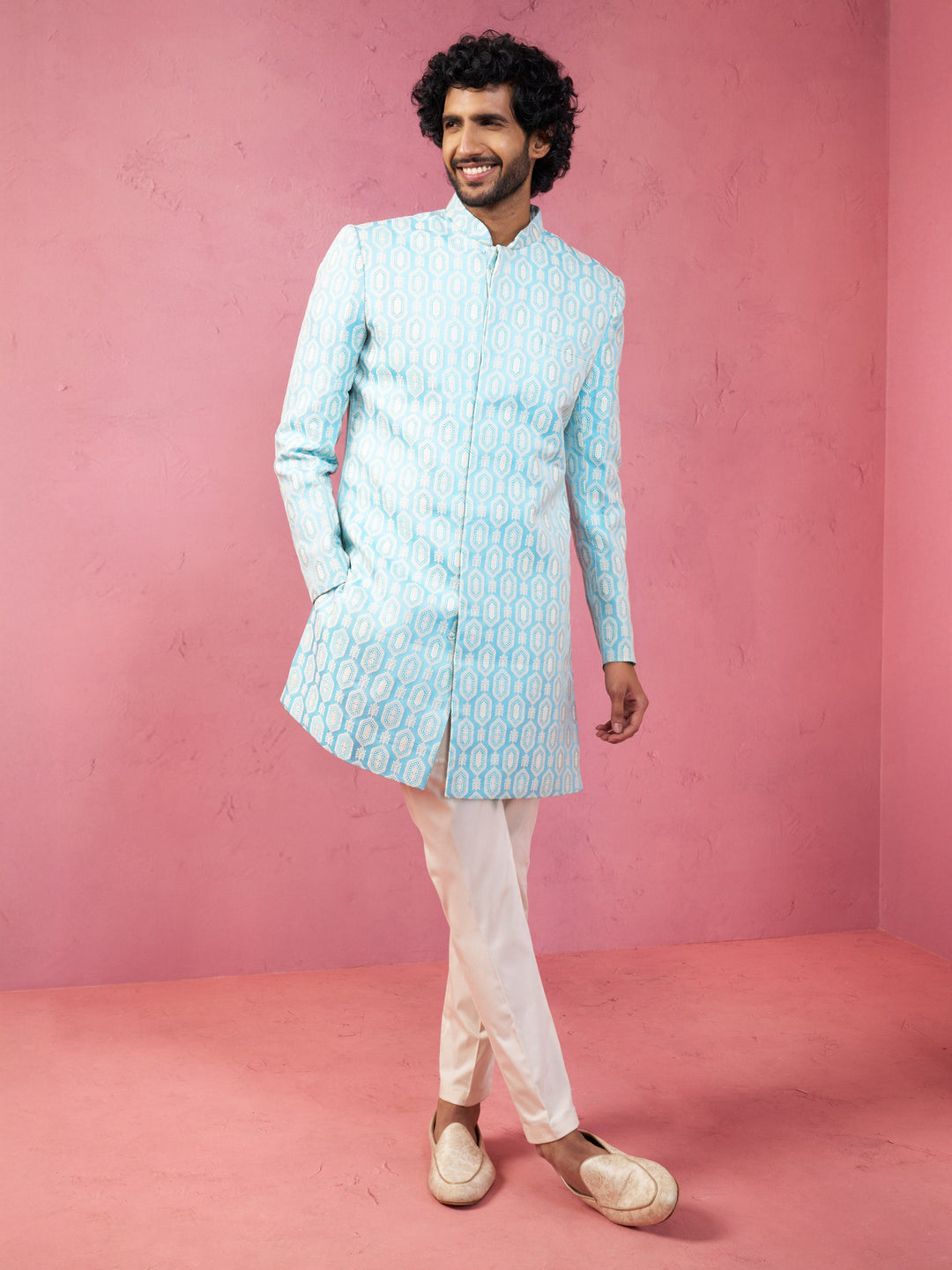 Men's Blue Jacquard Indo-Western Kurta with Cream Trousers