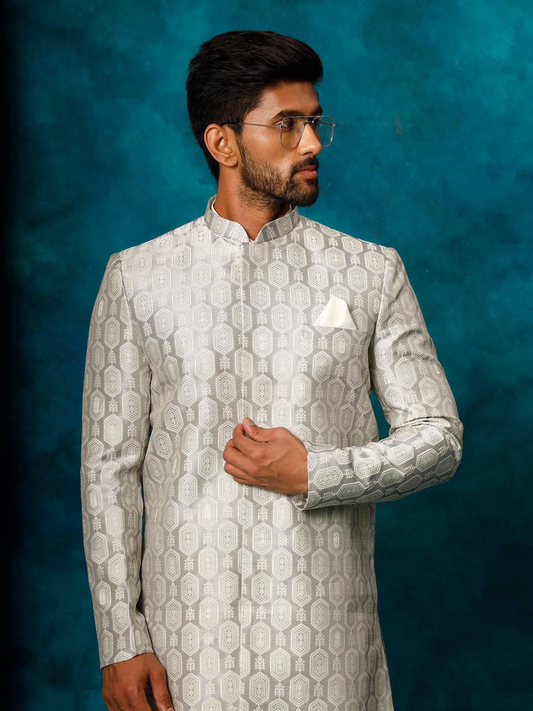Men's Grey Imported Jacquard Indo With Kurta Pyjama Set