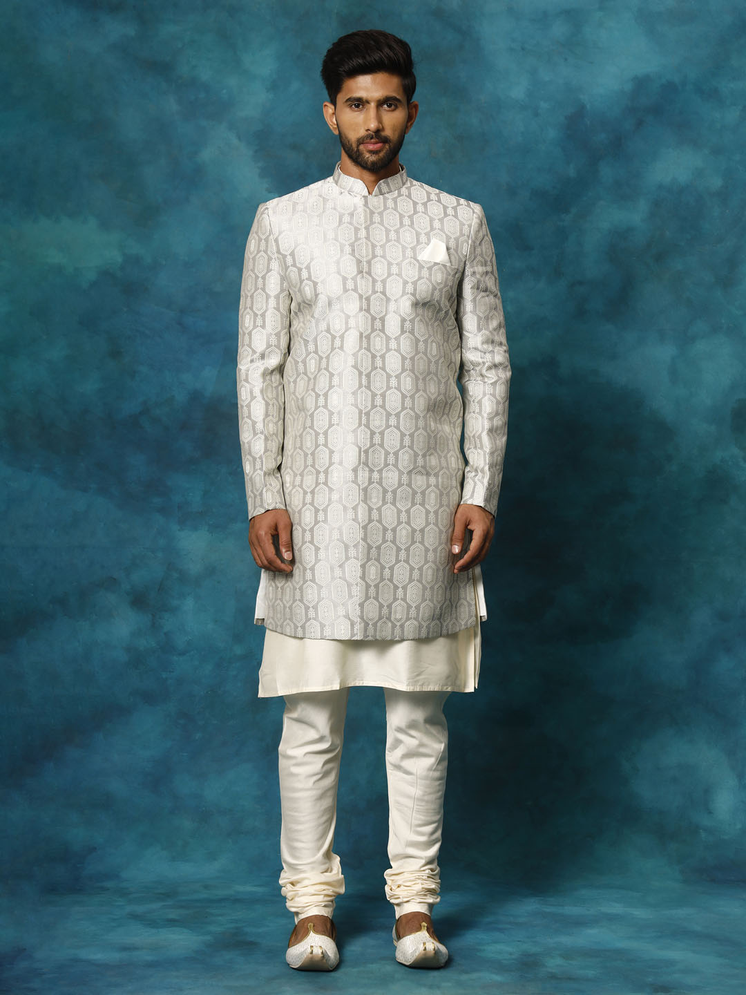 Men's Grey Imported Jacquard Indo With Kurta Pyjama Set