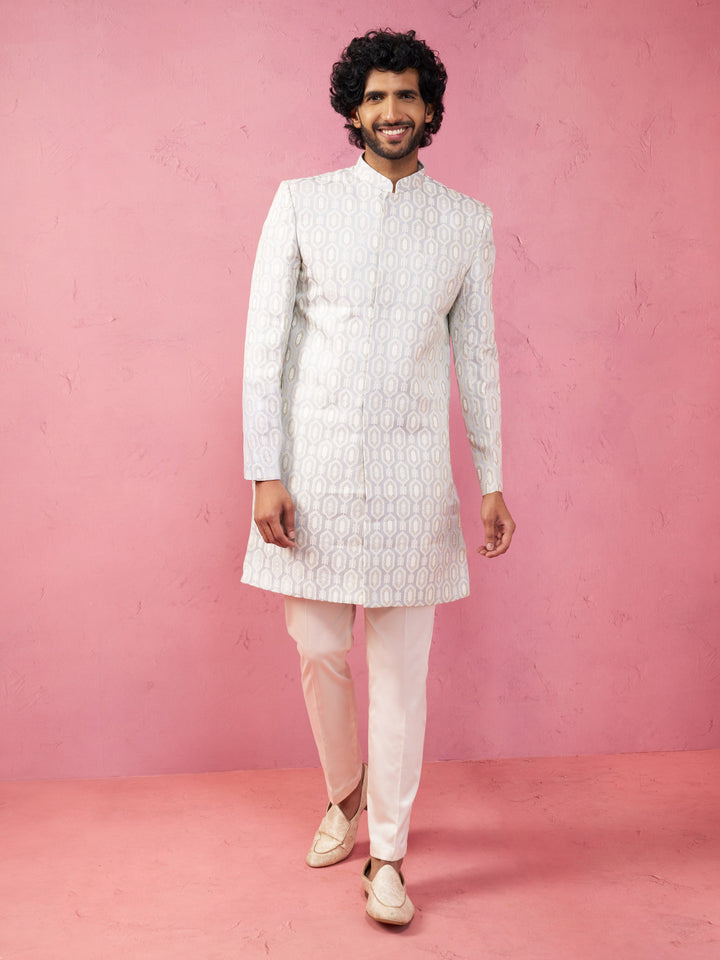 Men's Grey Jacquard Indo-Western Kurta with Cream Trousers