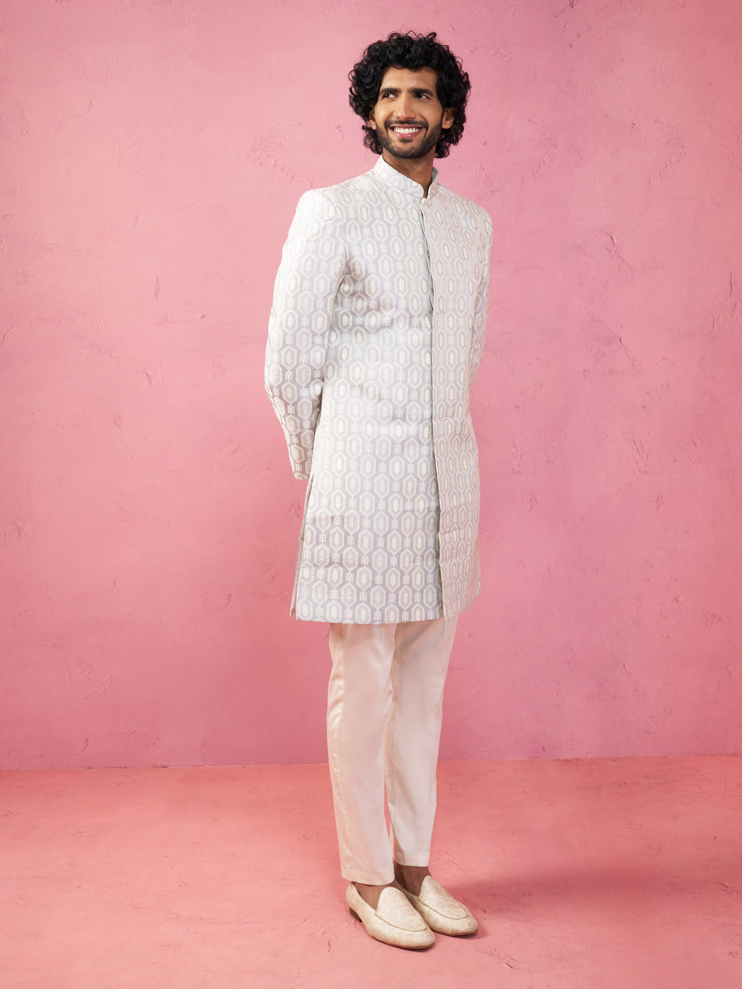 Men's Grey Jacquard Indo-Western Kurta with Cream Trousers