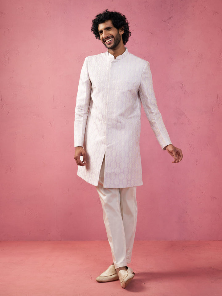 Men's Purple Jacquard Indo-Western Kurta with Cream Trousers