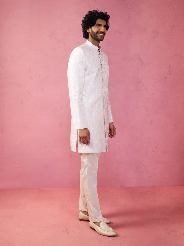 Men's Purple Jacquard Indo-Western Kurta with Cream Trousers