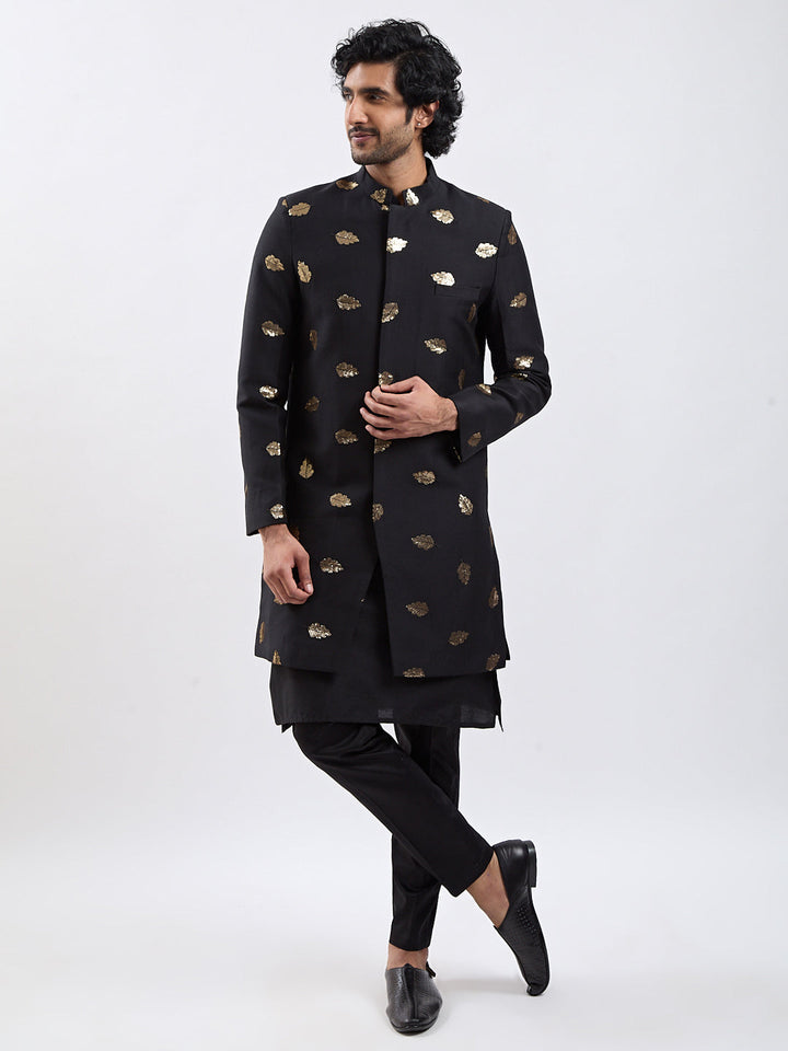 Men's Black Viscose Sherwani Set