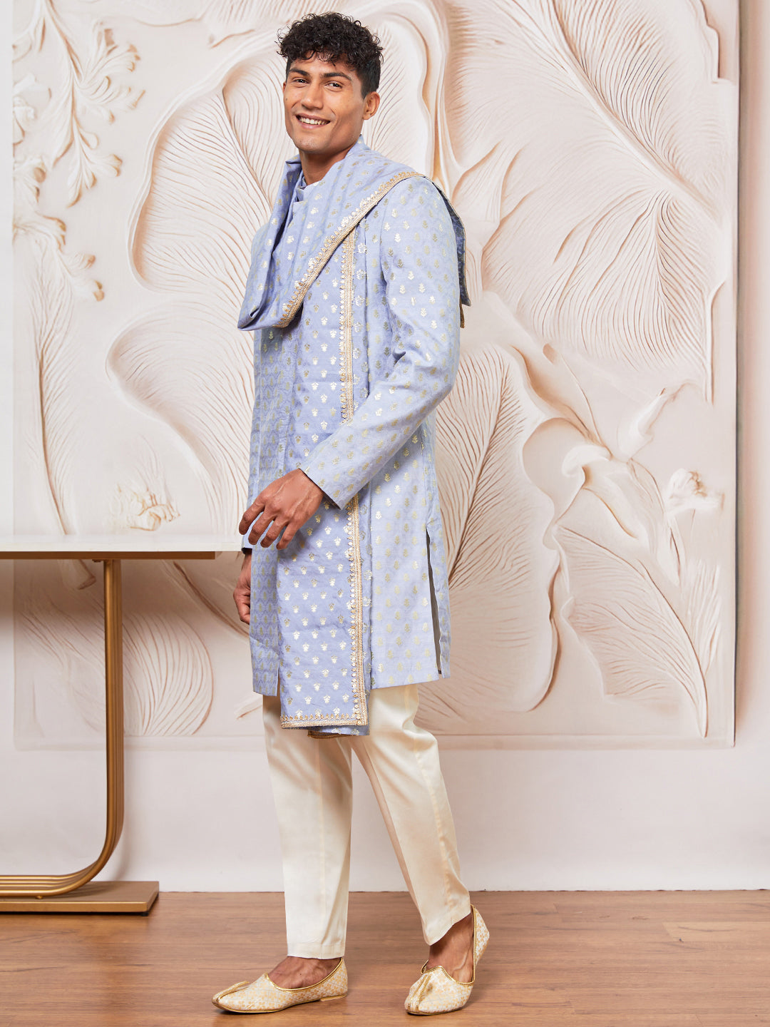 Men's Powder Blue Cotton Blend Indowestern Pant And Dupatta Set