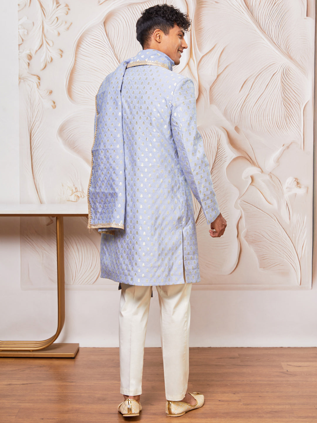 Men's Powder Blue Cotton Blend Indowestern Pant And Dupatta Set