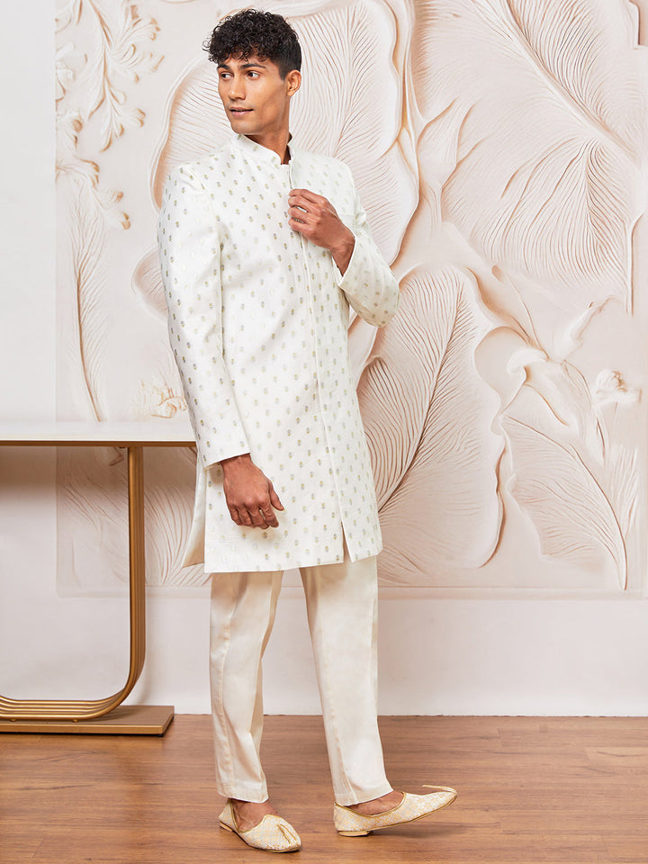 Men's White Cotton Blend Indowestern And Pant Set