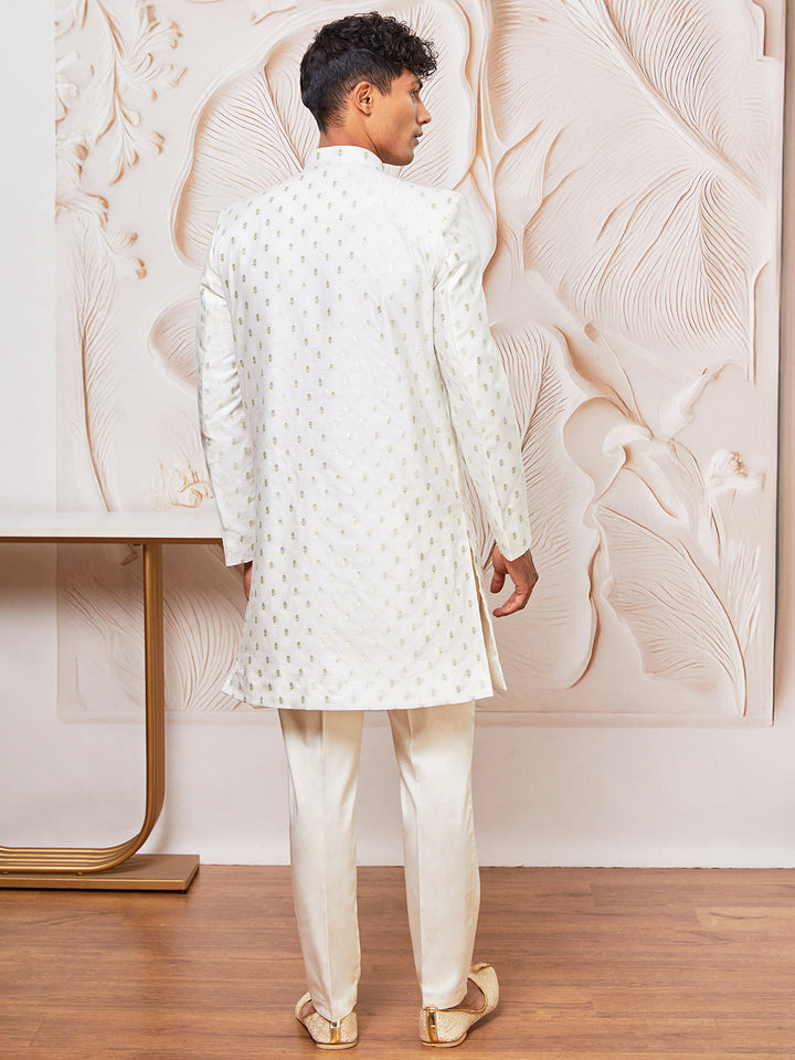Men's White Cotton Blend Indowestern And Pant Set