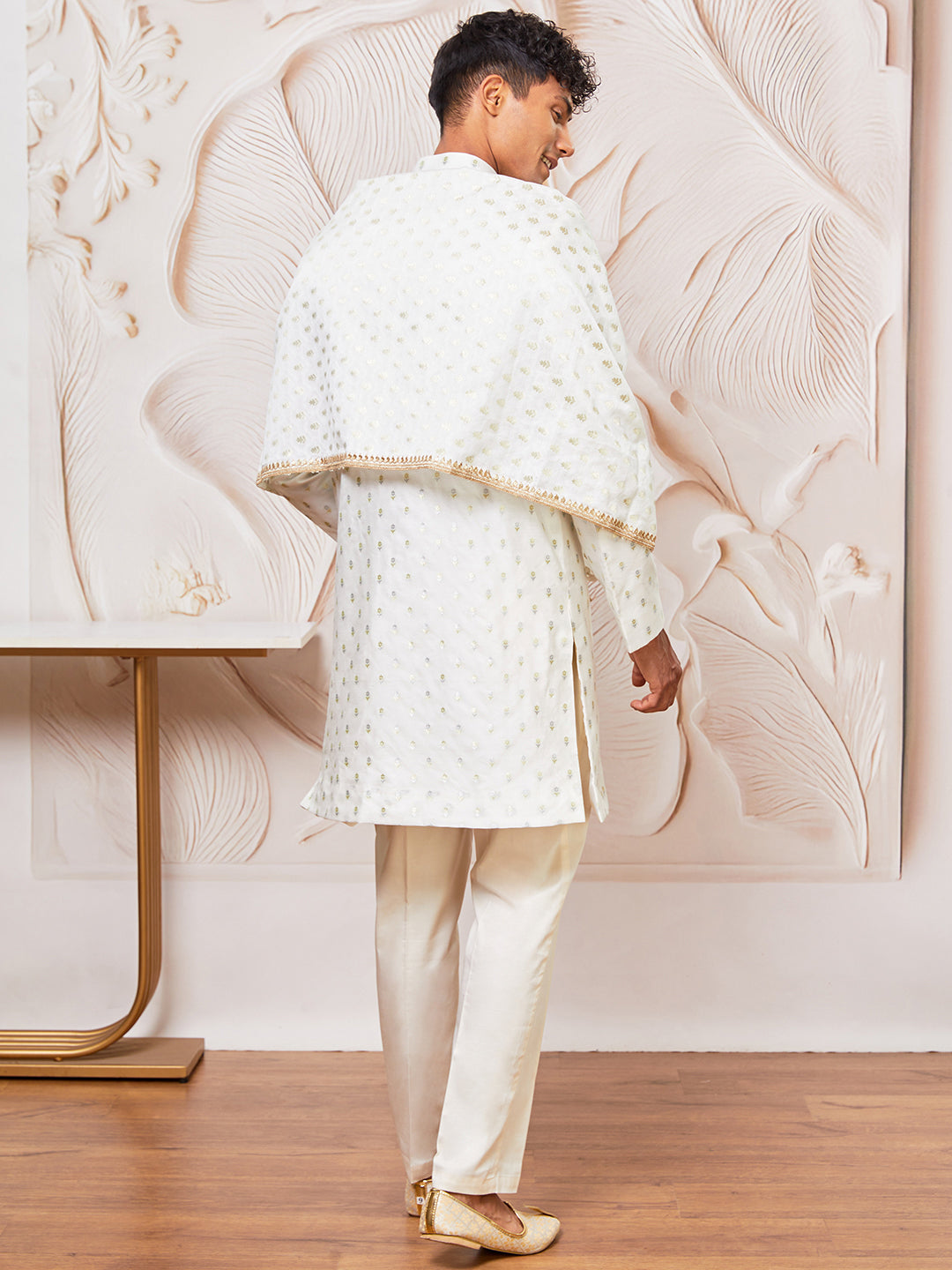 Men's White Cotton Blend Indowestern Pant And Dupatta Set