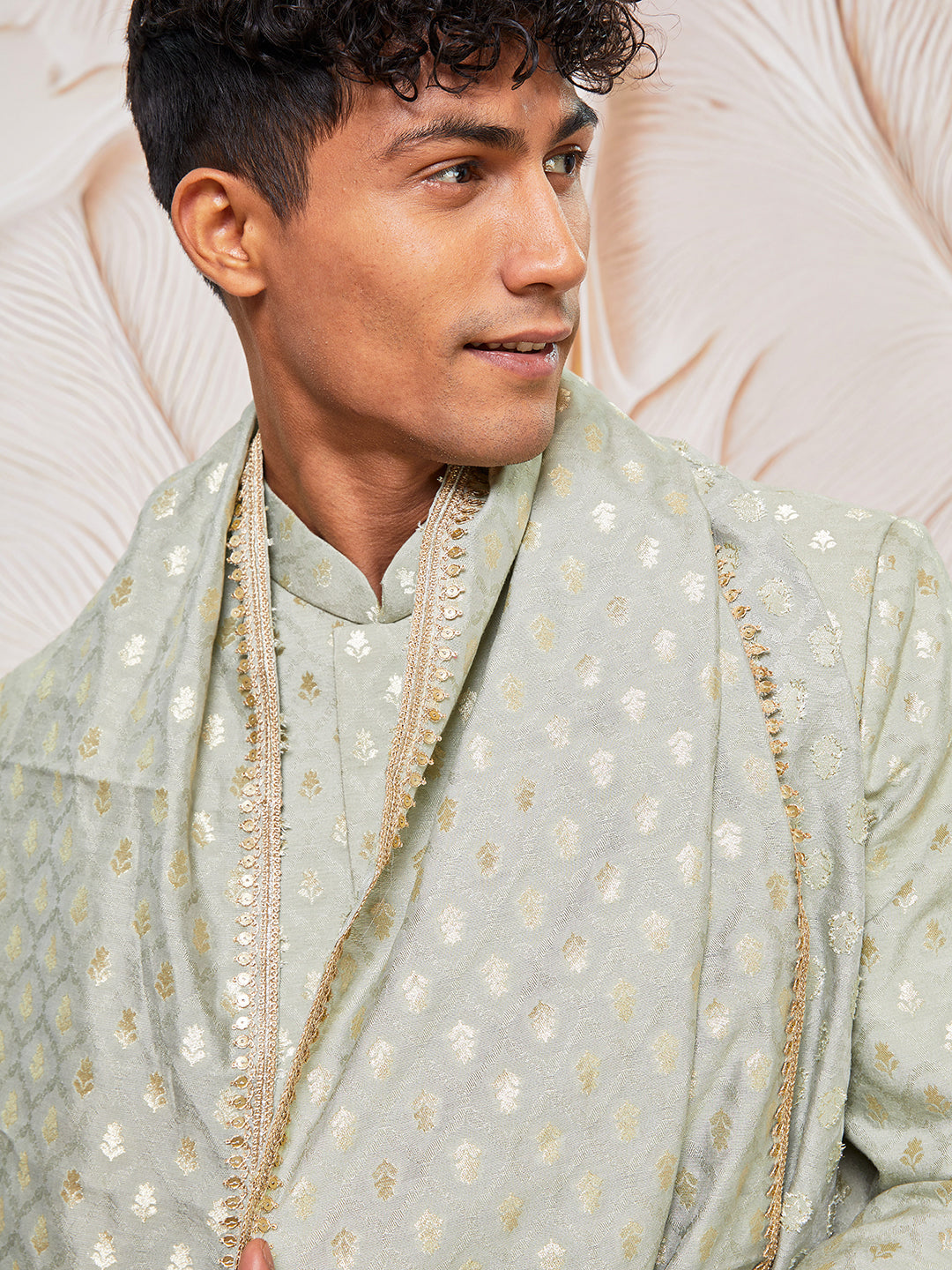 Men's Mint Green Cotton Blend Indowestern Pant And Dupatta Set