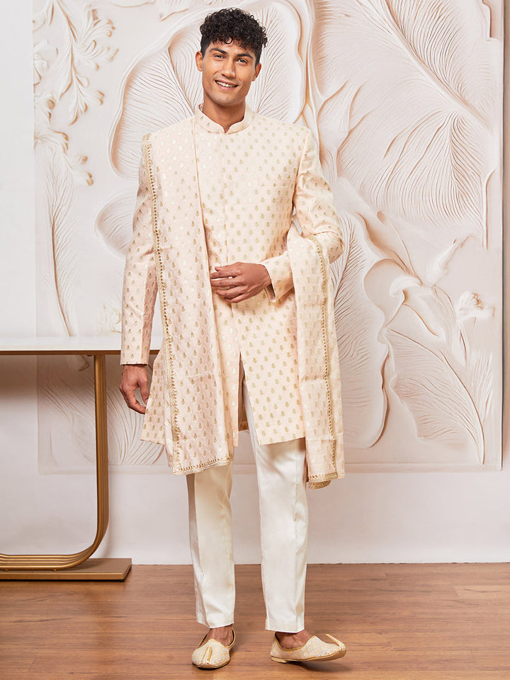 Men's Peach Cotton Blend Indowestern Pant And Dupatta Set