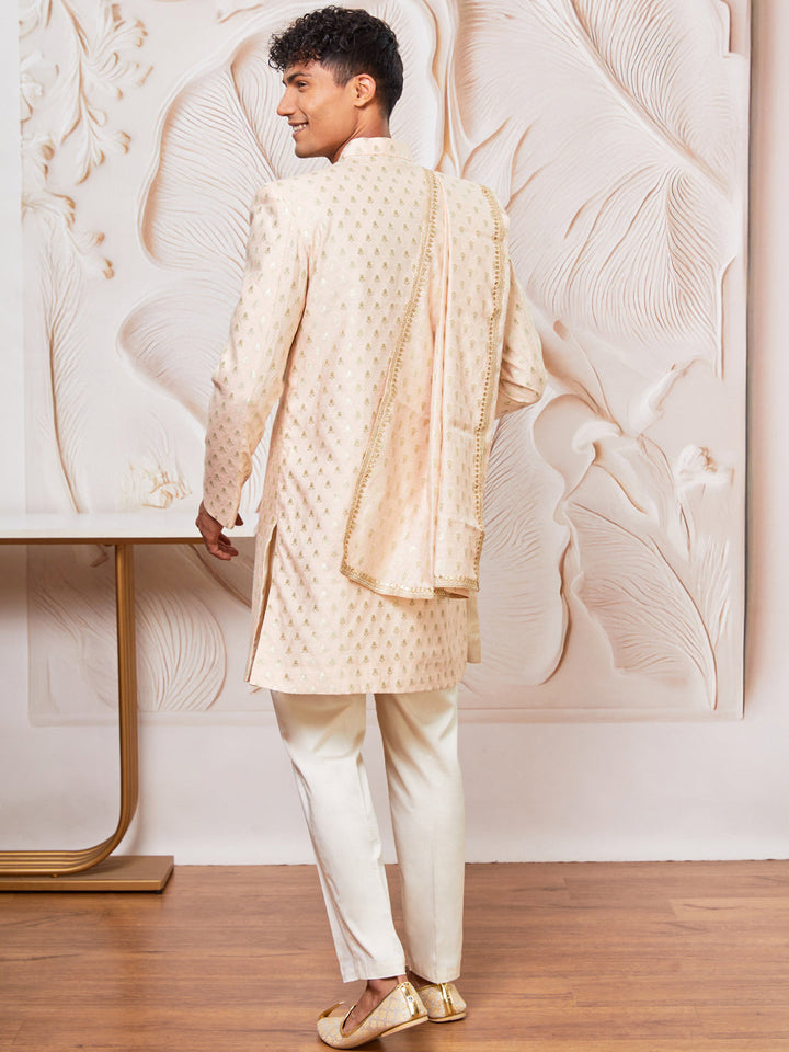 Men's Peach Cotton Blend Indowestern Pant And Dupatta Set