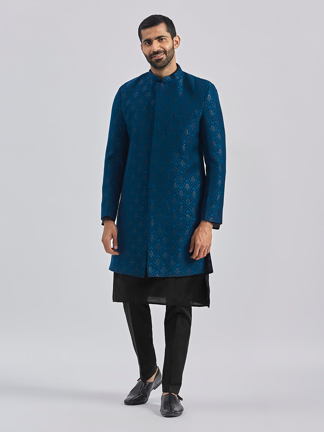 Men's Turquoise And Black Viscose Sherwani Set