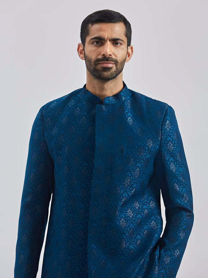 Men's Turquoise And Black Silk Blend Sherwani Set