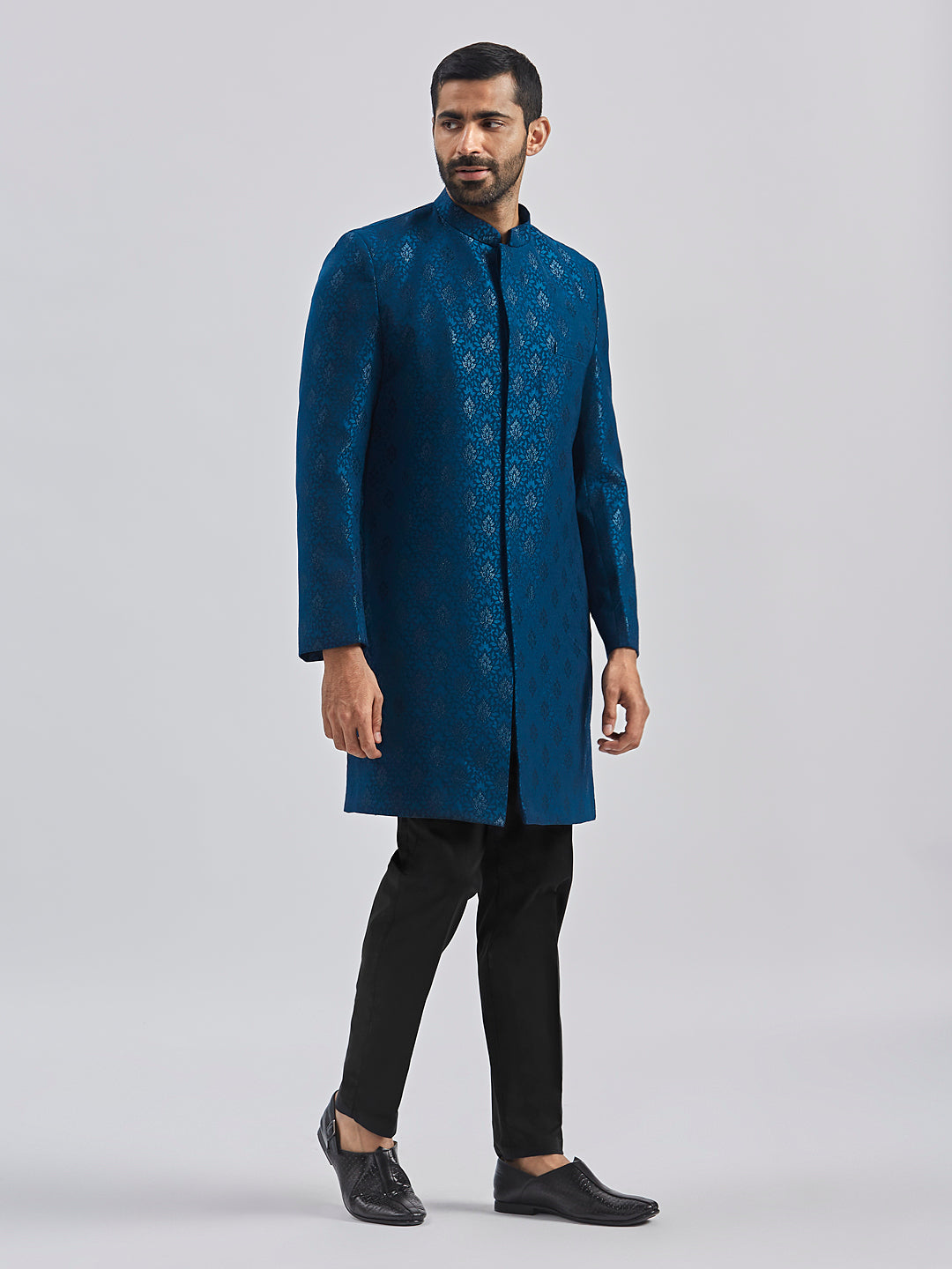 Men's Turquoise And Black Silk Blend Sherwani Set