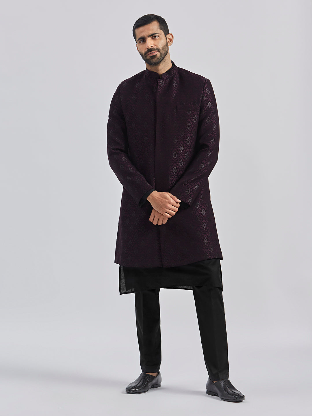 Men's Wine And Black Viscose Sherwani Set