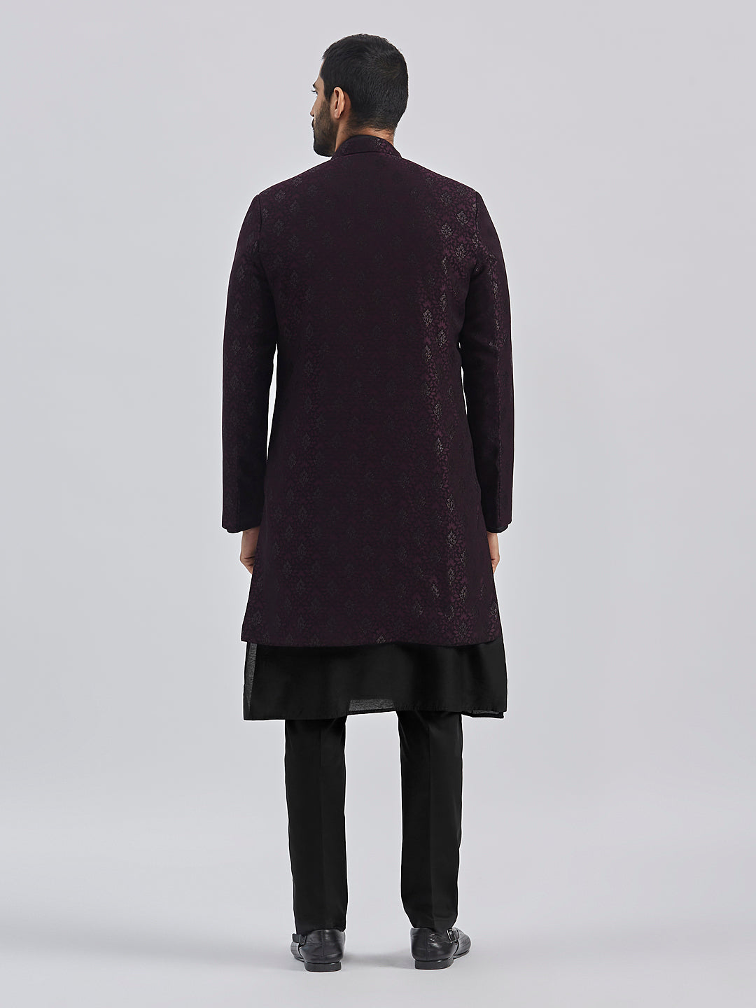 Men's Wine And Black Viscose Sherwani Set