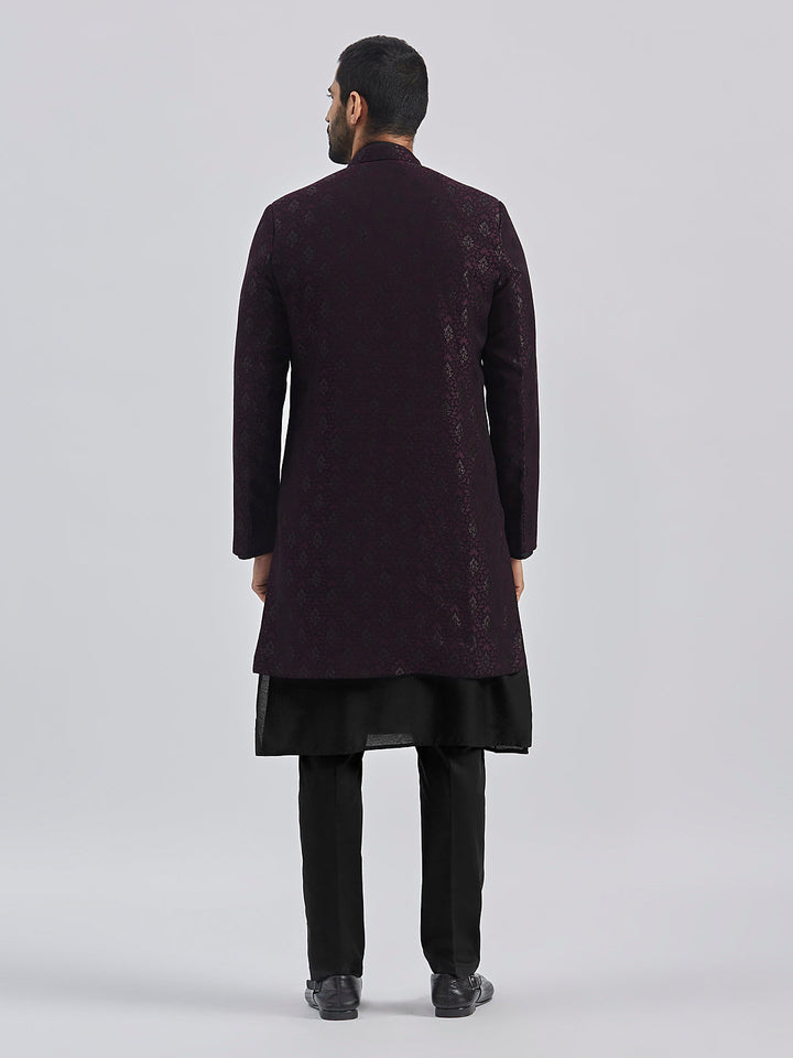 Men's Wine And Black Viscose Sherwani Set