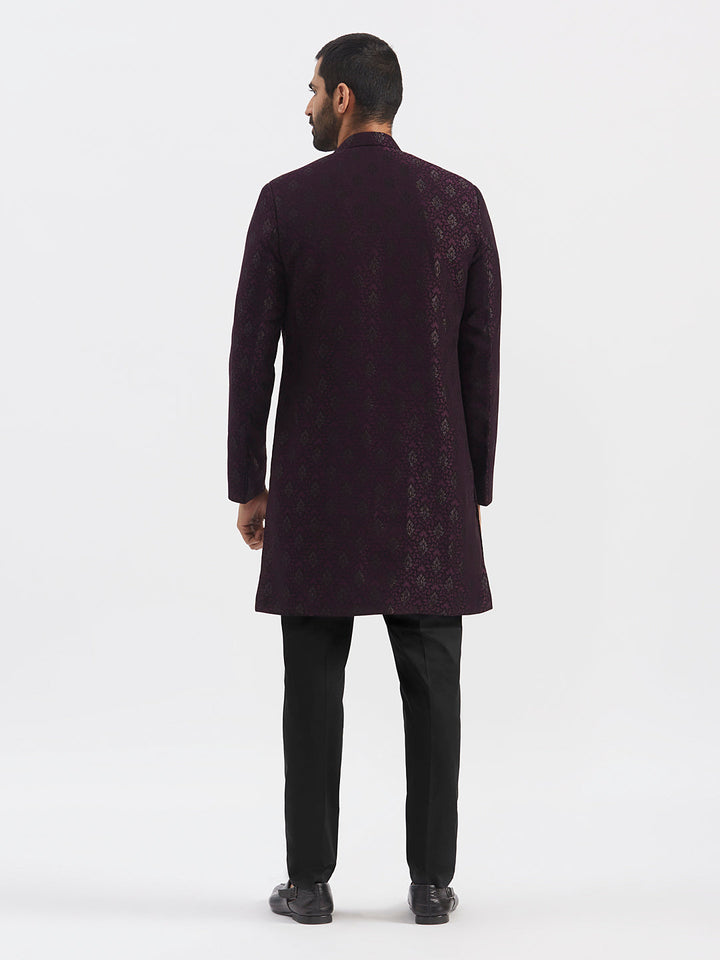 Men's Wine Silk Blend Sherwani Set