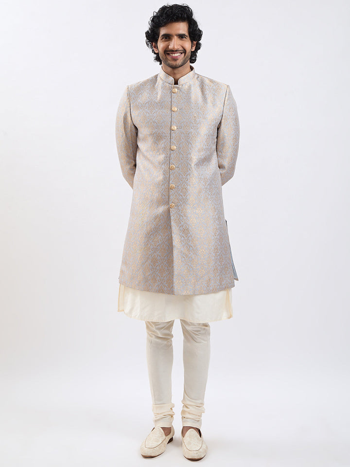 Men's Rose Gold And Gray Viscose Sherwani Set