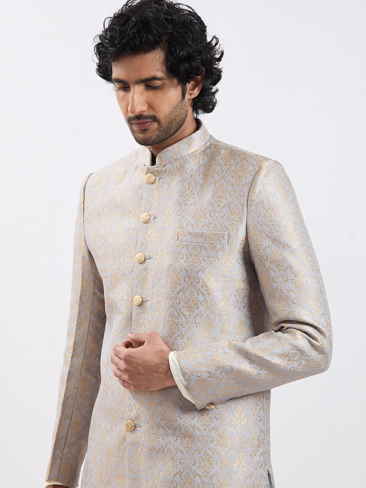 Men's Rose Gold And Gray Viscose Sherwani Set