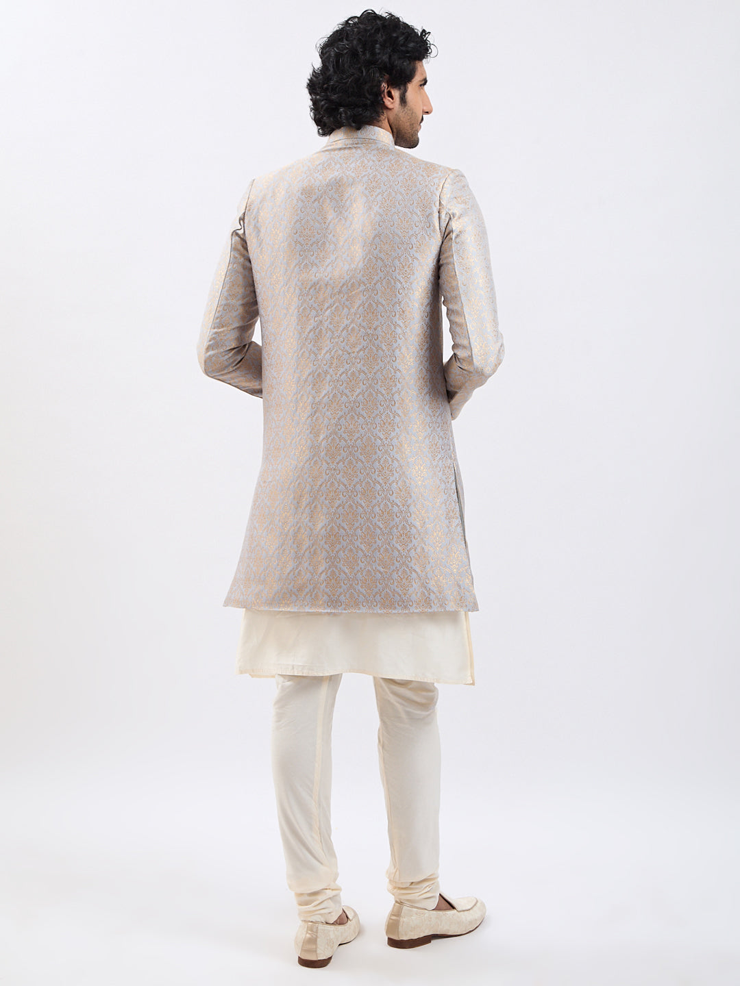 Men's Rose Gold And Gray Viscose Sherwani Set