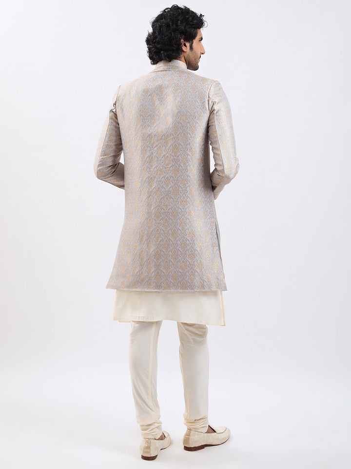 Men's Rose Gold And Gray Viscose Sherwani Set