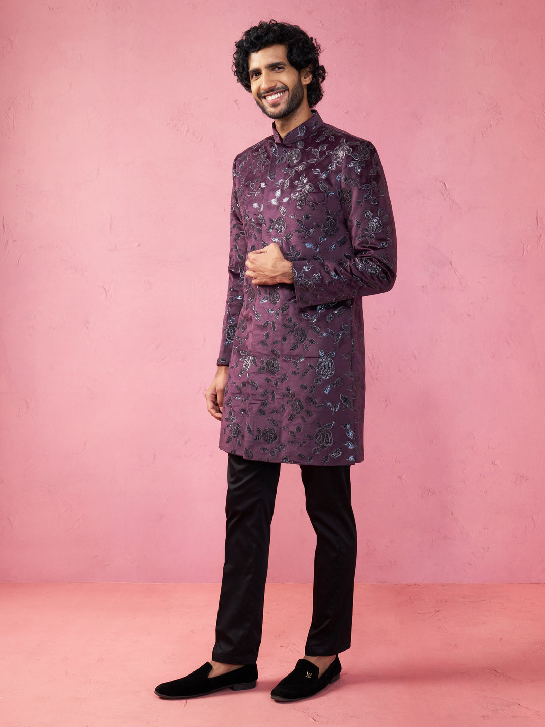 Men's Maroon Velvet Indo-Western Kurta with Black Cotton Lycra Pyjama