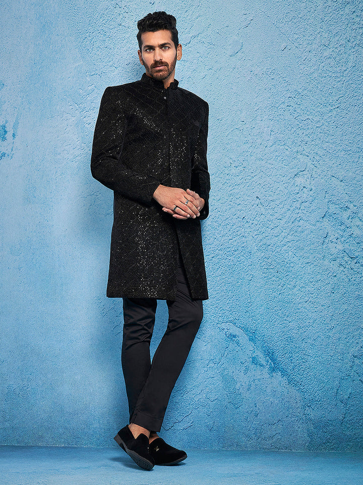 Men's Black Velvet Sherwani Set