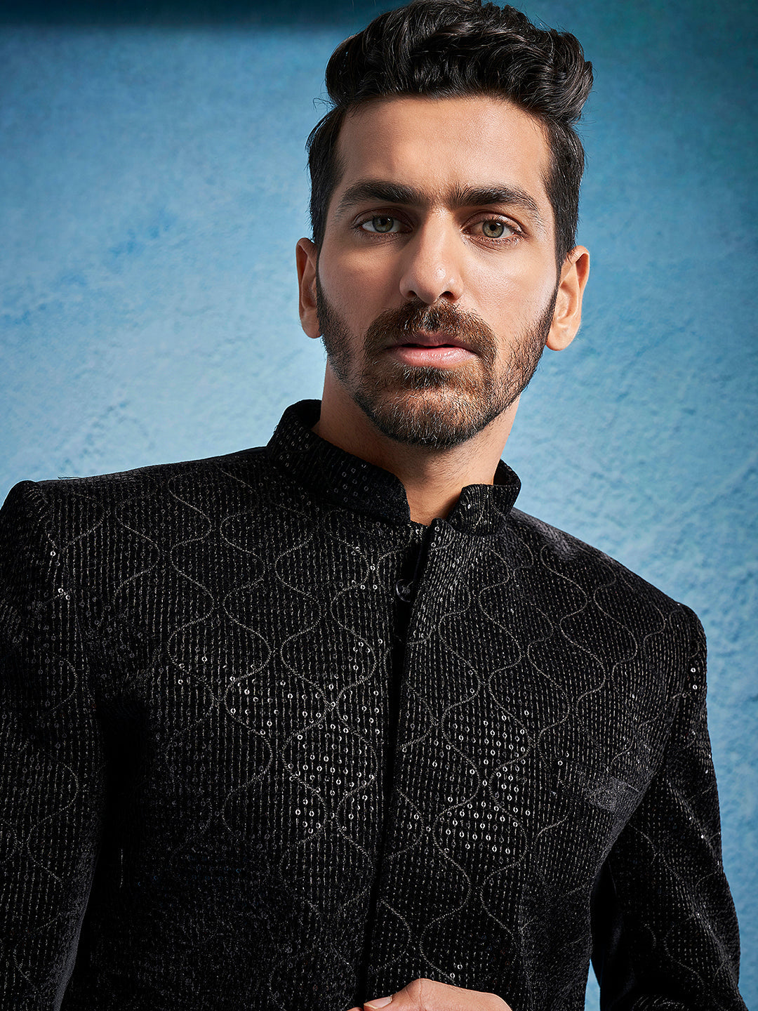 Men's Black Velvet Sherwani Set