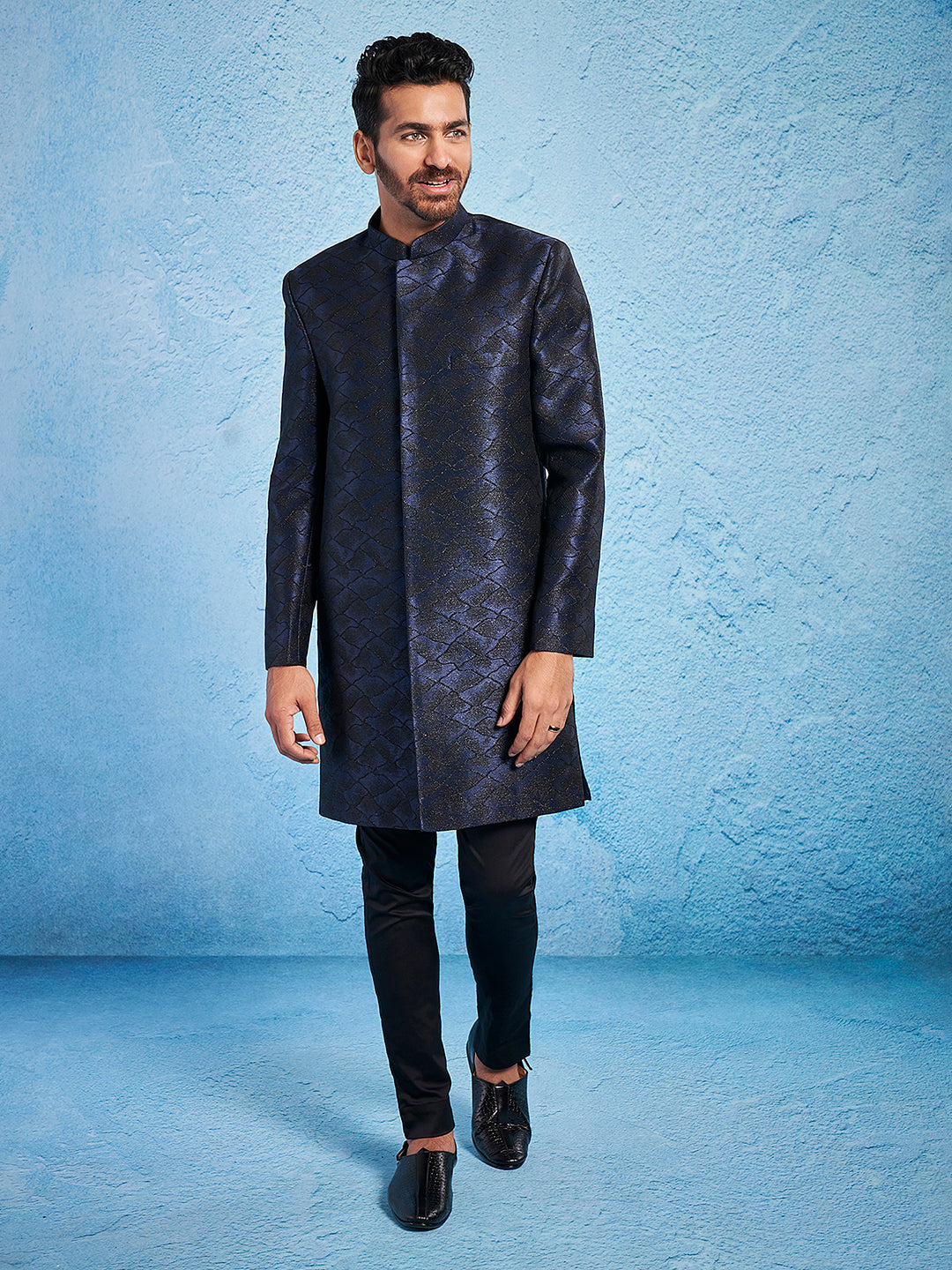 Men's Navy Blue Silk Blend Sherwani Set