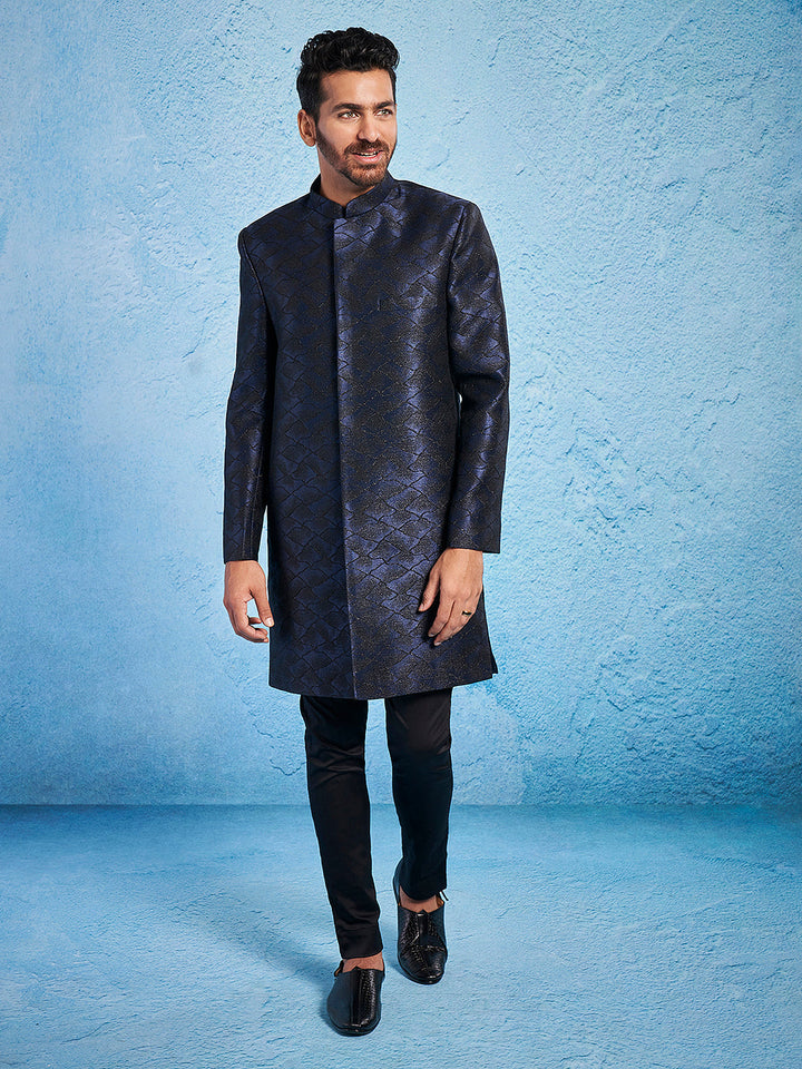 Men's Navy Blue Silk Blend Sherwani Set