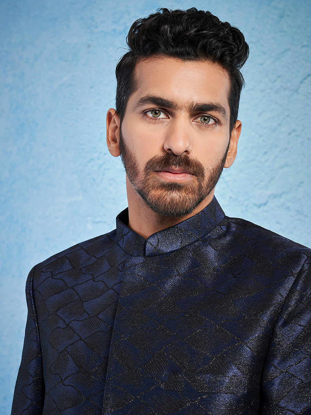 Men's Navy Blue Silk Blend Sherwani Set