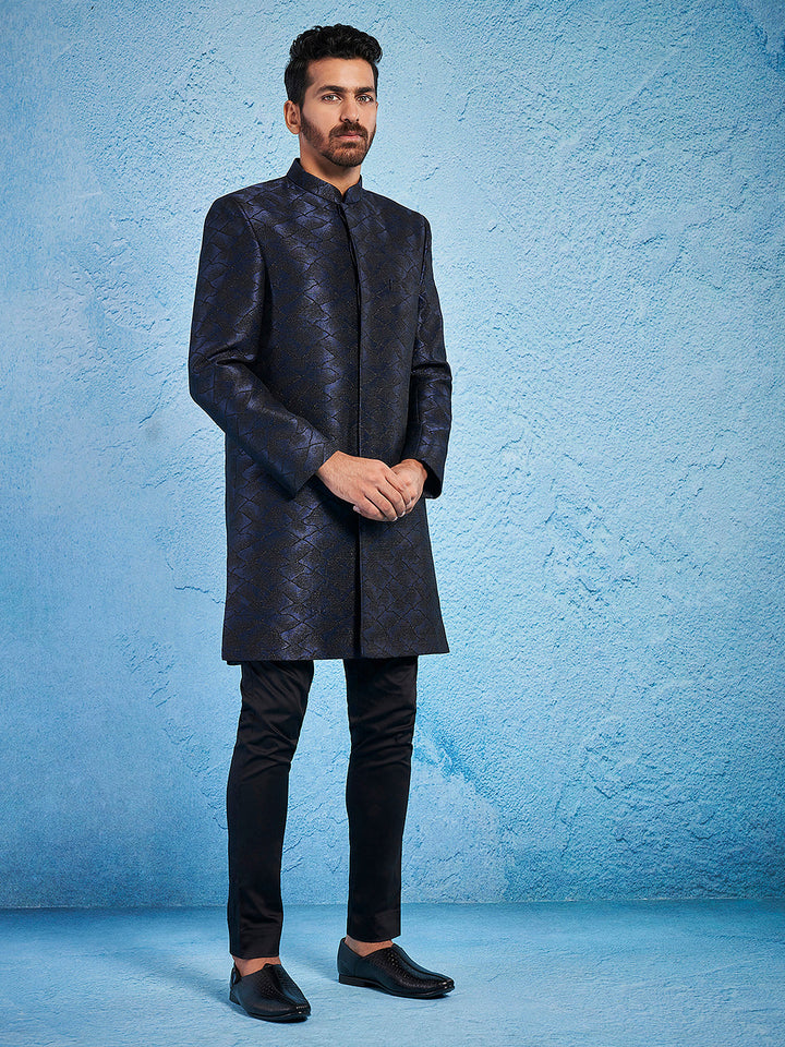 Men's Navy Blue Silk Blend Sherwani Set