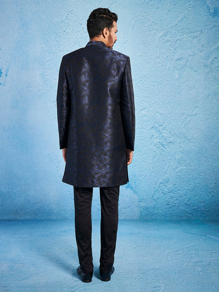 Men's Navy Blue Silk Blend Sherwani Set