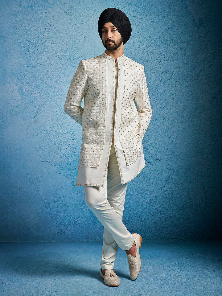 Men's Cream Silk Blend Sherwani Set