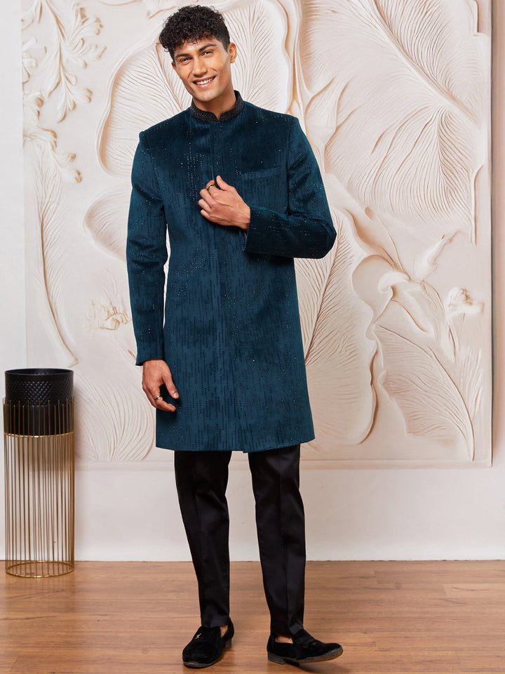 Men's Bottle Green Velvet Sherwani Set