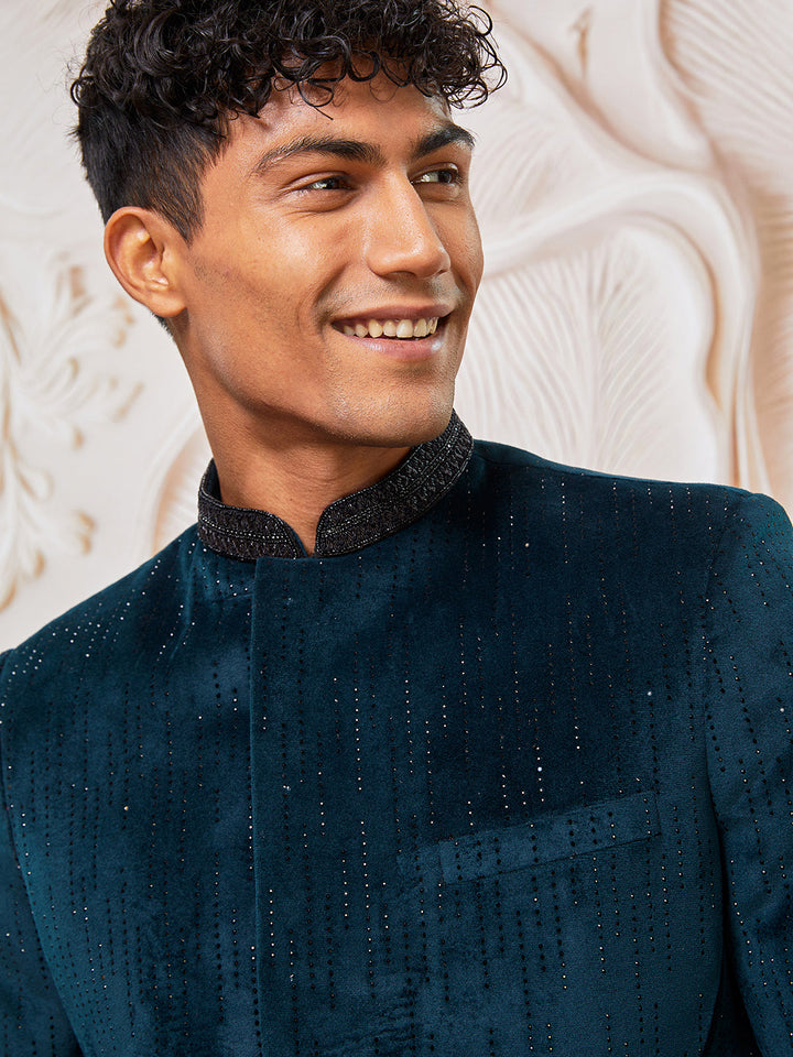 Men's Bottle Green Velvet Sherwani Set