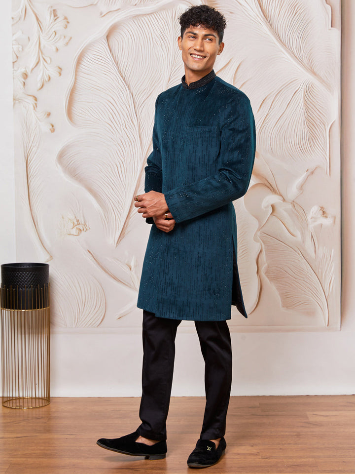 Men's Bottle Green Velvet Sherwani Set