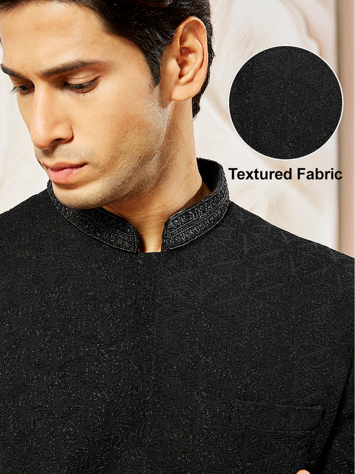 Men's Black Silk Blend Indo Western And Pant Set