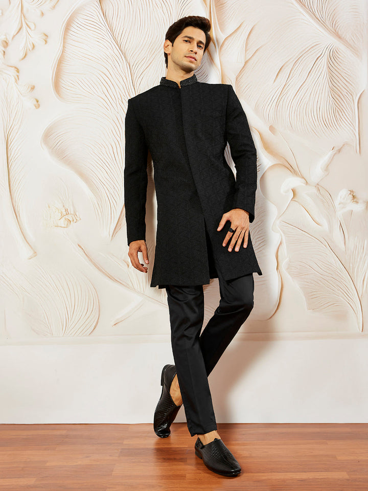 Men's Black Silk Blend Indo Western And Pant Set