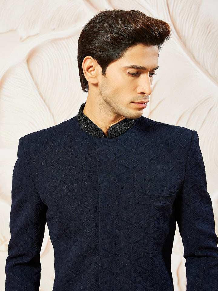 Men's Navy Blue Silk Blend Indo Western