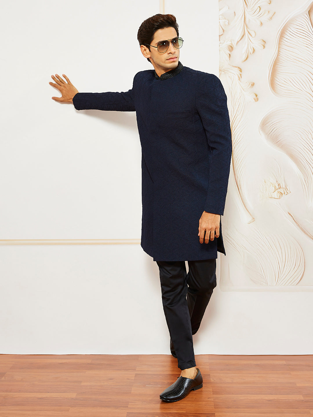 Men's Navy Blue Silk Blend Indo Western